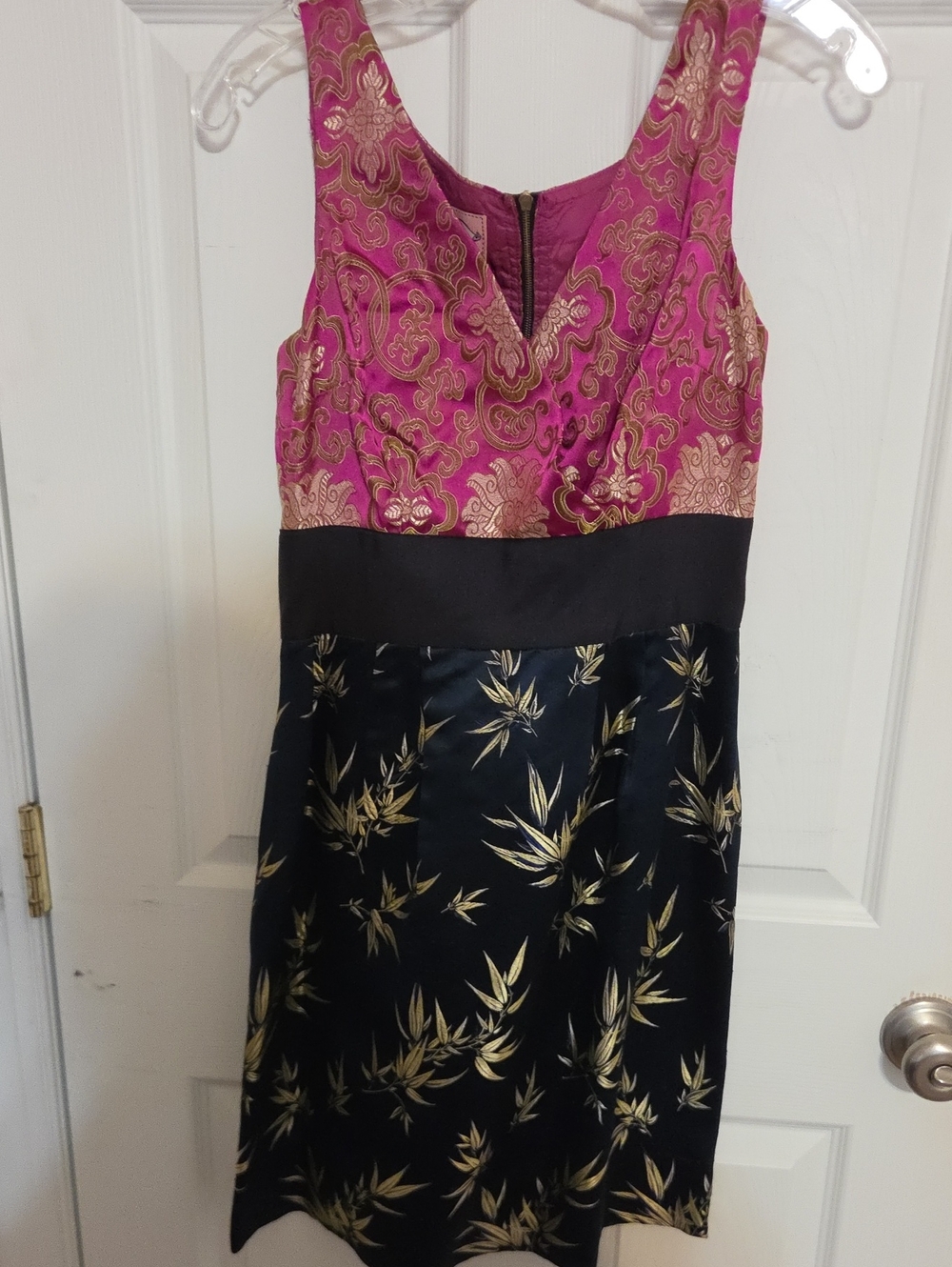 Vintage Asian Inspo Pink and Black Sleeveless Dress with Gold  Print Cocktail